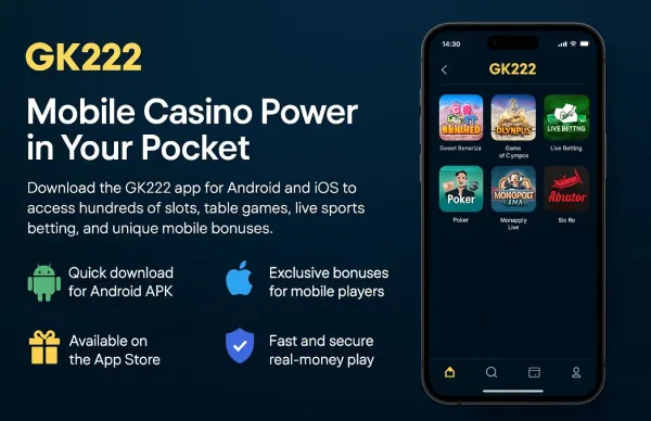 GK222 App — Enjoy seamless gaming on your smartphone A young woman relaxing with her phone while dynamic casino elements float around her, illustrating the smooth mobile experience offered by the GK222 app.